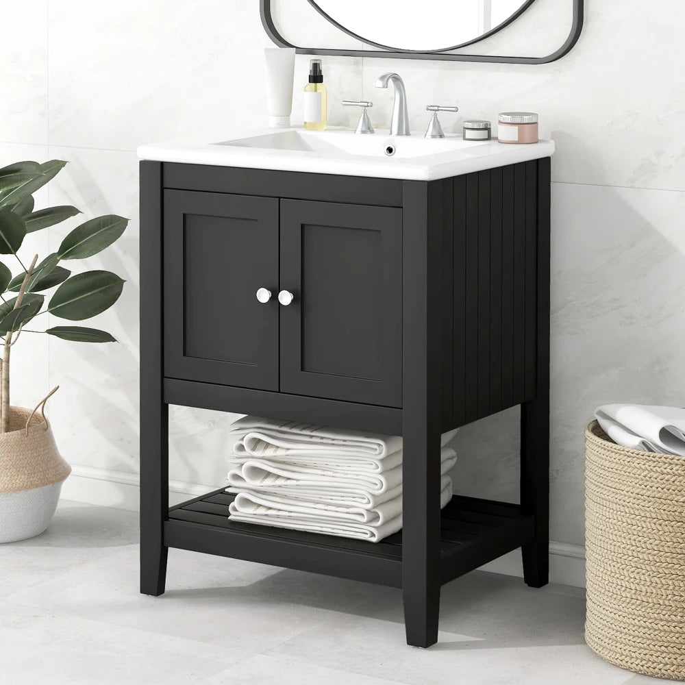 24" Black Modern Sleek Bathroom Vanity Elegant Ceramic Sink with Solid Wood Frame Open Style Shelf