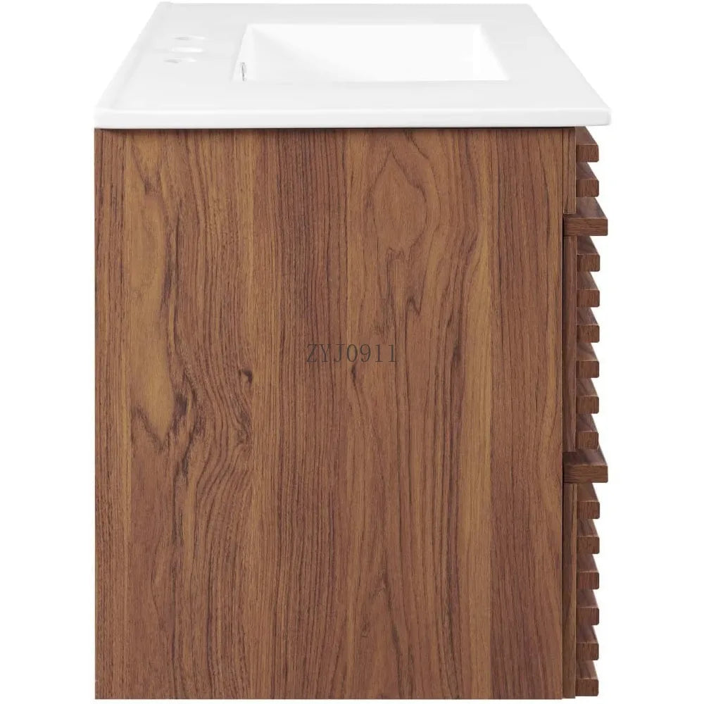 36" Wall-Mount Bathroom Vanity in Walnut White   bathroom vanity cabinet with sink