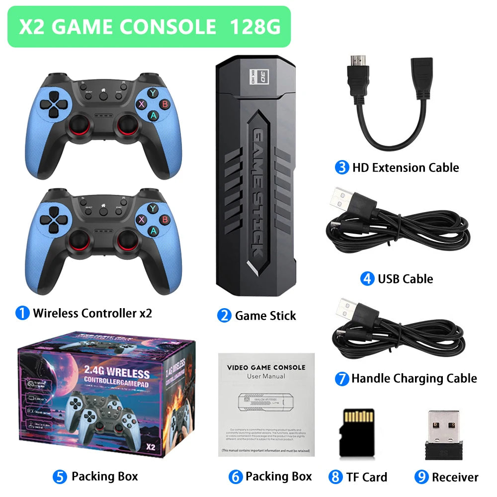 X2-Spielekonsole, 4K HD-Videospiel-Stick, 50.000 Retro-Spiele mit einem Paar Gamecontroller für PS1/N64/SNK/GBA, Weihnachtsgeschenk für Kinder