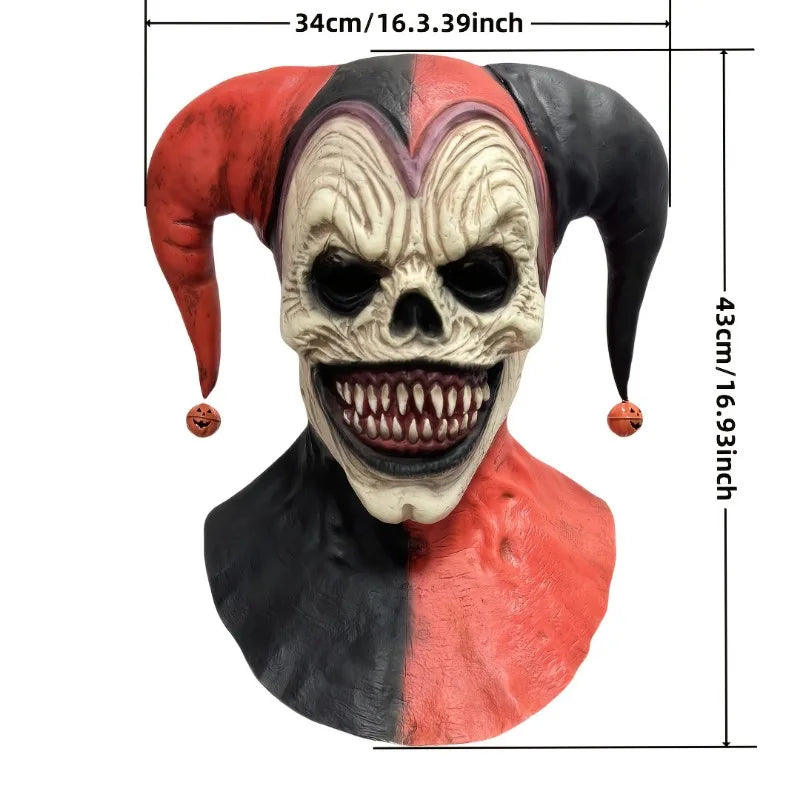Bedrohliche Clownmaske mit Hörnern, blutender Totenkopf, Halloween für Cosplay-Partys, Spukhäuser mit Glockenohrringen, Kürbisanhängern