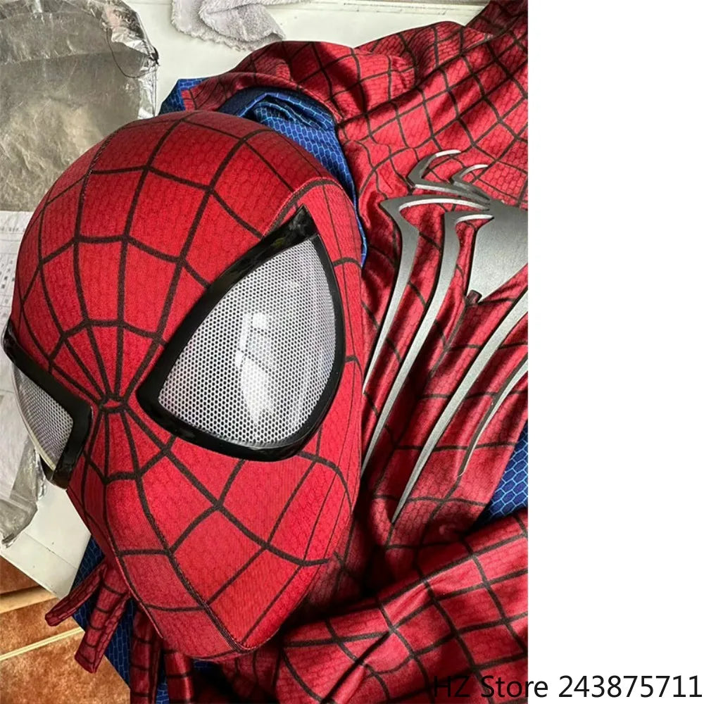 Half Screen Printed The Amazing Spider-man 2 Jumpsuit with Mask 1:1 Customized Handmade Spiderman Suit Halloween Cosplay Costume