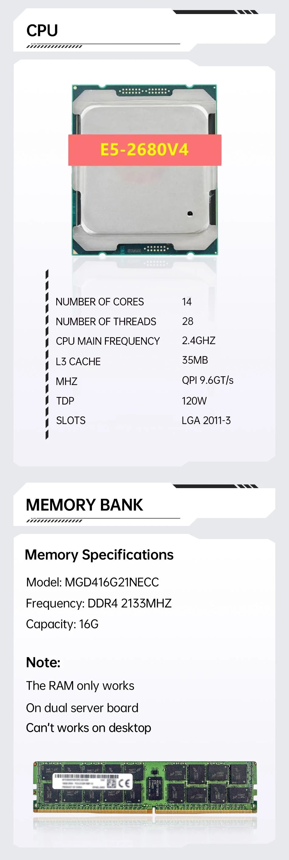 MOUGOl X99 Dual CPU Gaming Motherboard Set lntel Xeon E5 2680 V4&DDR4 64GB (4*16GB) LGA2011-3 M.2 NVME for Server Computer Host