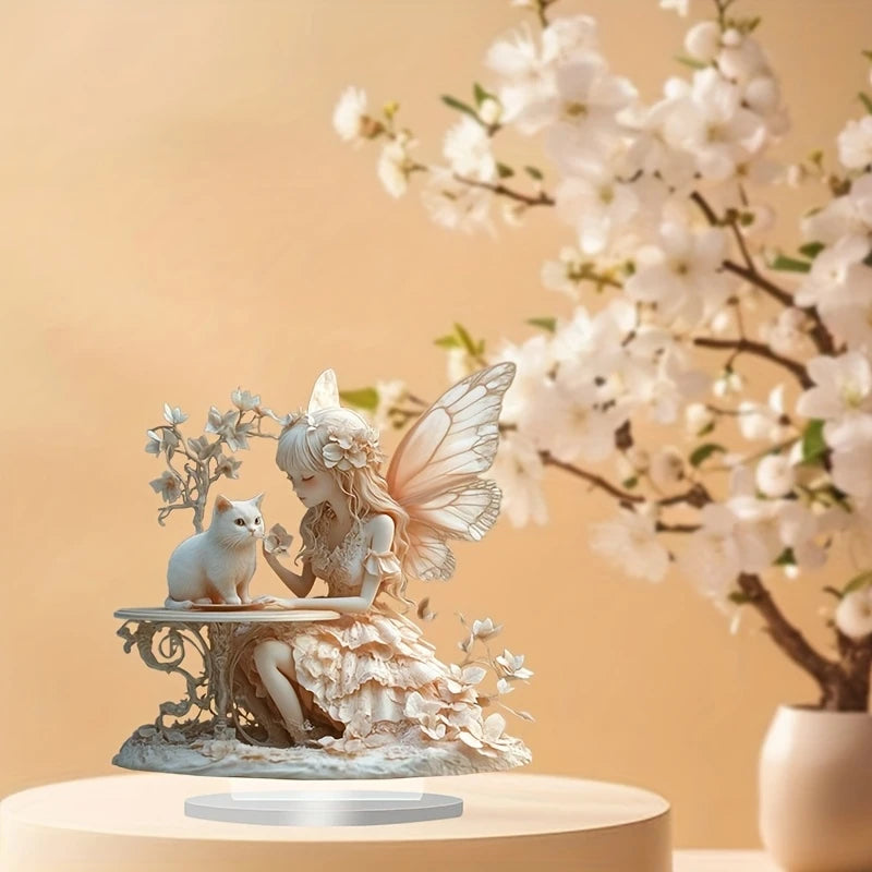 Bohemian Style 8in 2D Acrylic Angel And Cat Figurine Artistic Cartoon Decoration Colorful Print Water-Resistant Romantic Gift