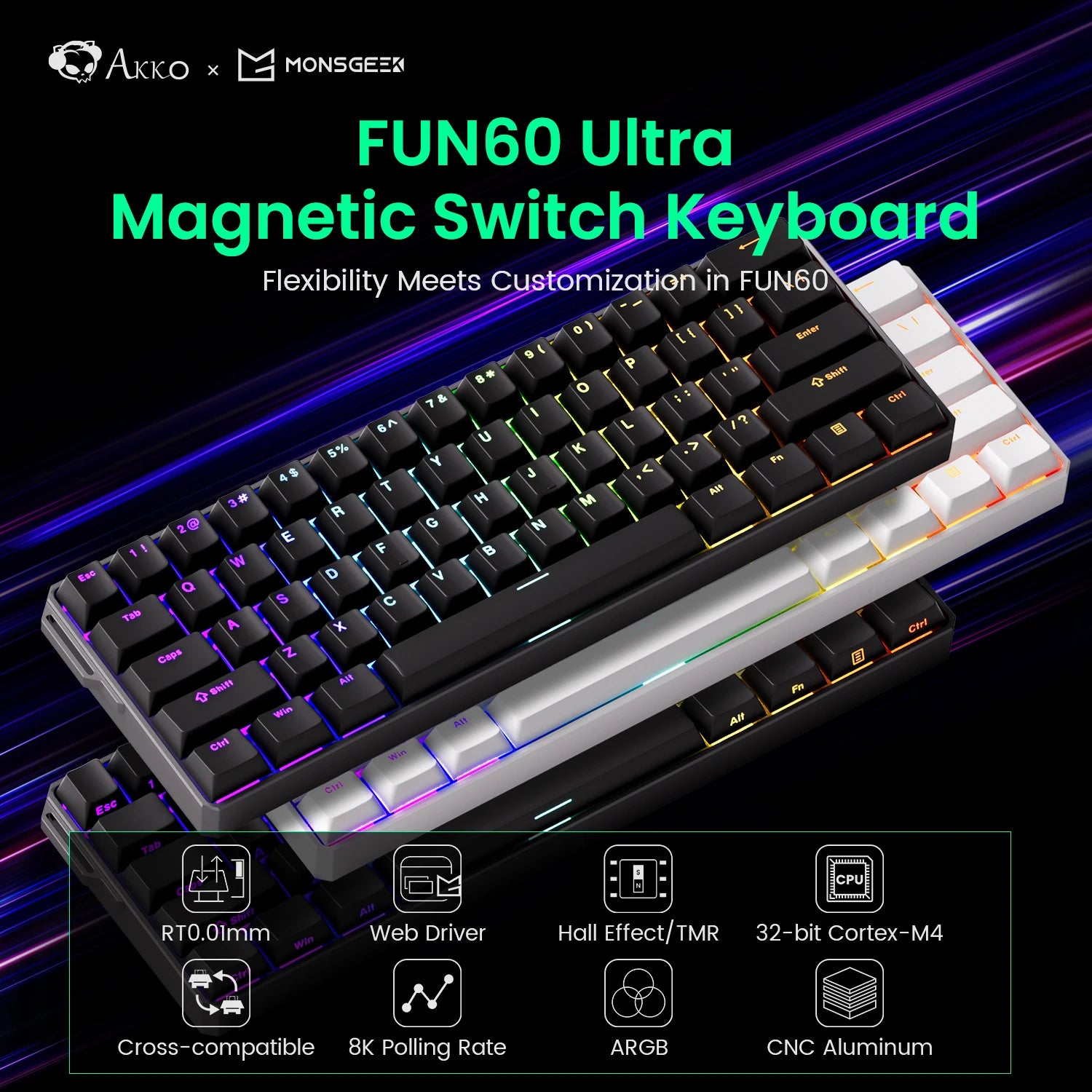 Akko MonsGeek FUN60 Ultra Mechanische Gaming-Tastatur Magnetschalter 60 % Rapid Trigger 8K HE/TMR Custom Aluminium-Tastatur Gamer