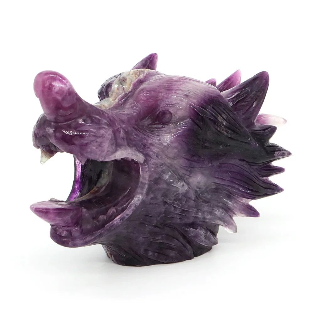 5.5" Wolf Head Natural Fluorite Reiki Healing Gemstone Carved Stone Animal Figurine Feng Shui Crafts Home Office Decoration Gift