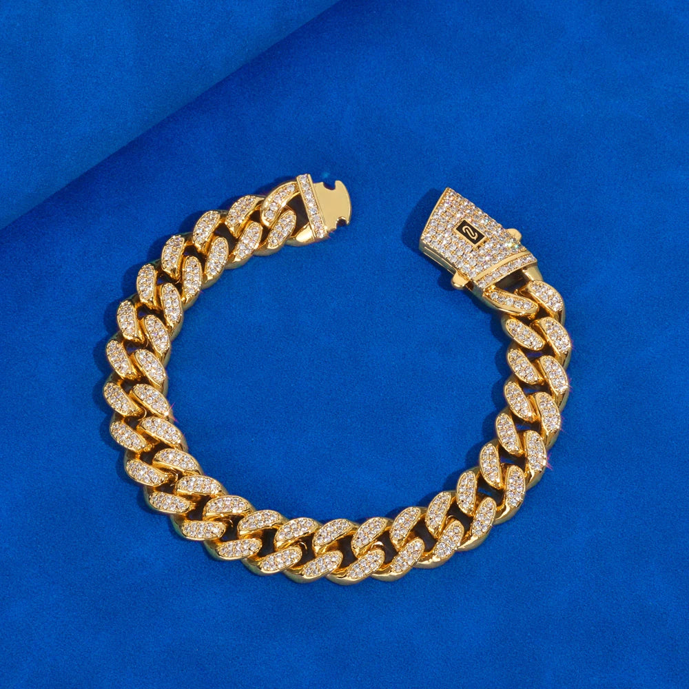 HHIOK Fashion 12mm Iced Monaco Cuban Bracelet Miami Double Row Inlaid Cubic Zirconia Hip-Hop Style For Men And Women