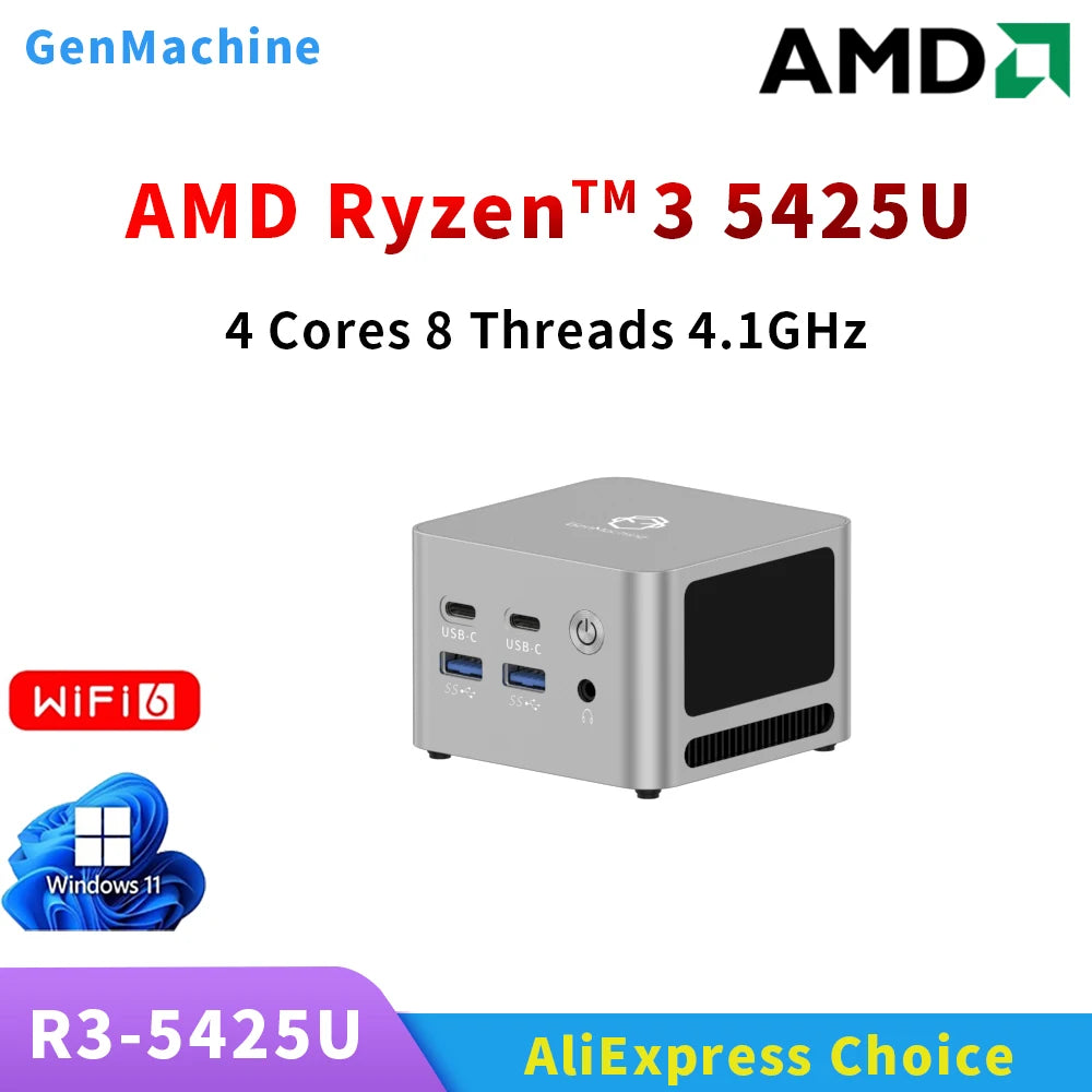 Genmachine Ryzen 3 5425U 4.1Ghz 15W Mini Pc Windows 11 Ryzen Super Mini LPDDR4X 4266Mhz Desktop Diy Gaming Computer WiFi6E BT5.2