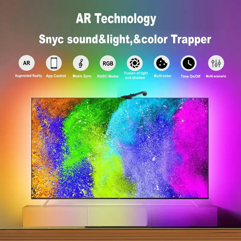 RGBIC-LED-TV-Hintergrundbeleuchtungsstreifen mit Farbauswahlsensor, Musiksynchronisation, App-Steuerung, 55–75 Zoll für die Atmosphärenbeleuchtung im Spielzimmer