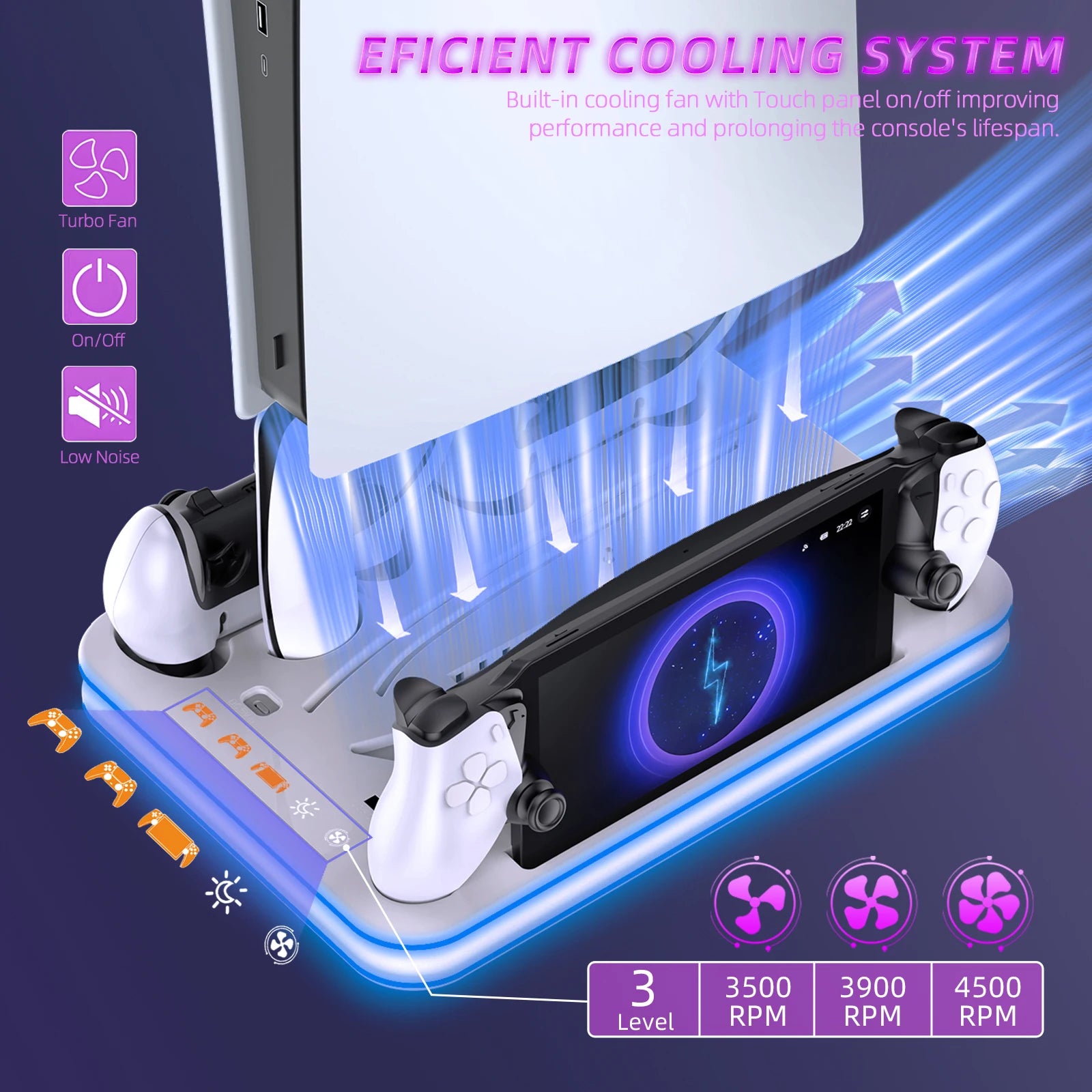 STORM WYRM For PS5 Slim/Pro Console Multi-function Cooling Storage Stand with Headset Hanging Rack,RGB Colorful Light JYS-P5225