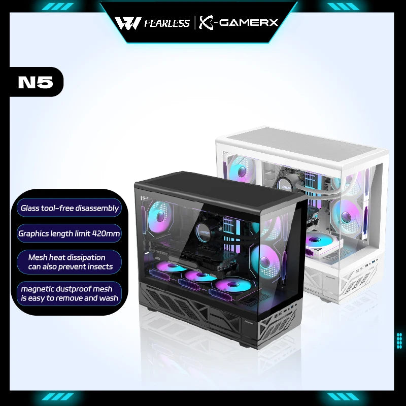Power train N5 MATX PC Case glass side transparent column-free sea view room 360 water-cooled computer case gabinetes gamer