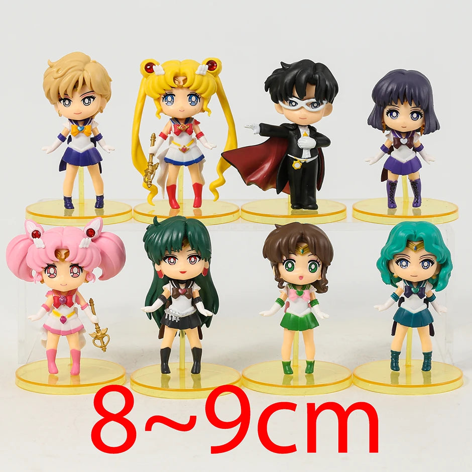 Q Version Sailor Mercury Mars Jupiter Venus Uranus Neptune Pluto Chiba Mamoru PVC Figures Toys Computer Desktop Dolls Set