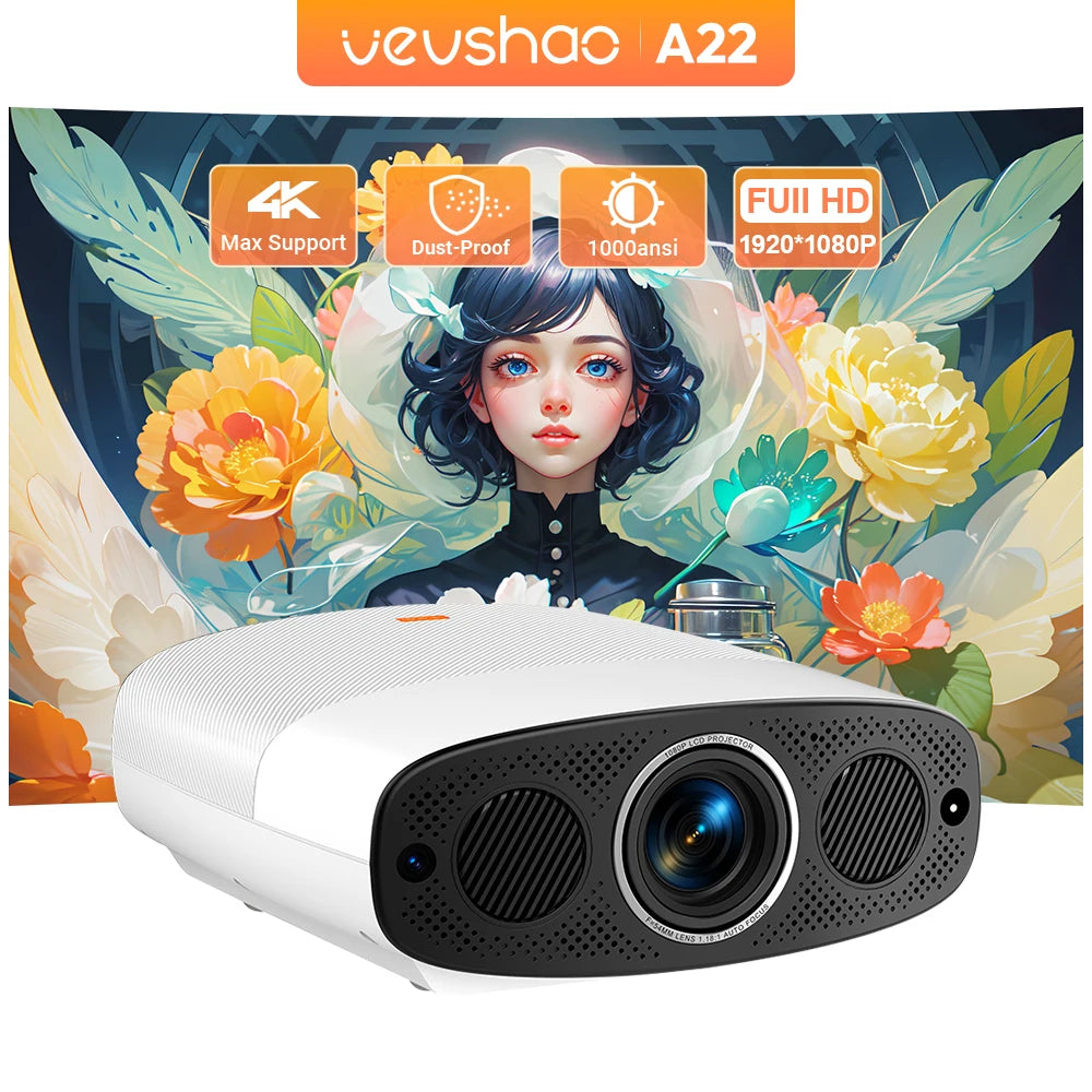 VEVSHAO Full HD-Projektor A22 4K-Video-Smart-TV für Heim-WLAN 1080P 1000 Lumen-Projektoren Media-Video-Player Smart-Beamer