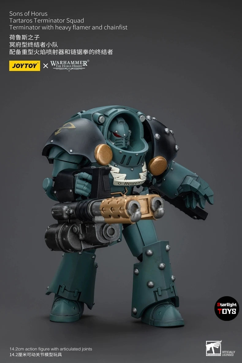 JOYTOY 1/18 Action Figure Warhammer 40K Sons of Horus Tartaros Terminator Squad Heavyflamer and Chainfist Toys Model Gift