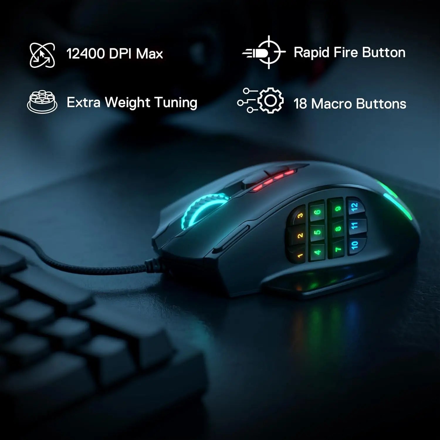 Геймърска мишка Redragon M908 с RGB подсветка, LED, USB, кабелна, 18 програмируеми бутона, 12400 DPI