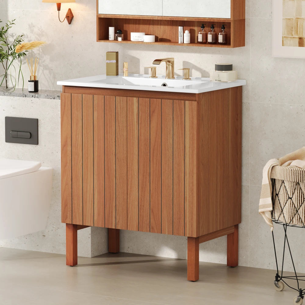 30" Modern Bathroom Vanity with Ceramic Sink, Vintage Minimalist Bathroom Vanity Cabinet, 45 Degrees Free-Handle Design Doors