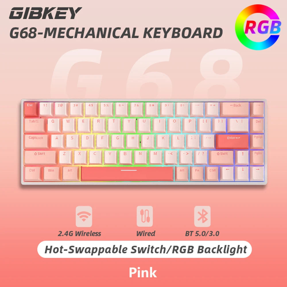 G68 Gaming Mechanical keyboard Wireless/Bluetooth Hot-Swappable 65% Keyboards Customized RGB Backlit for Gamer Tablet Computer