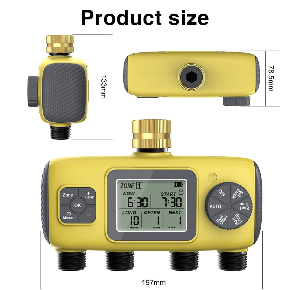 Digitaler Wassertimer, 4-Ausgänge, Gartenbewässerungstimer, Regenwassersensor, Bewässerungssystem, Präzisions-Zeitsteuerung