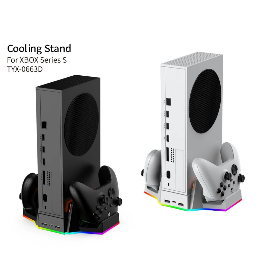 Cooling stand for Xbox Series S with RGB lighting on a white background, featuring the Dobe brand.