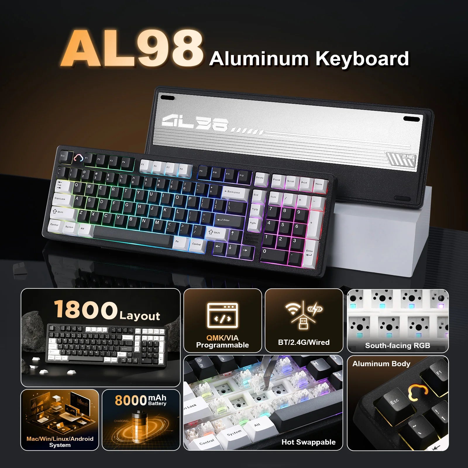YUNZII AL98 Black Aluminum Mechanical Gaming Keyboard, QMK/VIA Wireless Custom RGB Keyboard, BT/2.4G/USB Gasket Win/Mac Keyboard