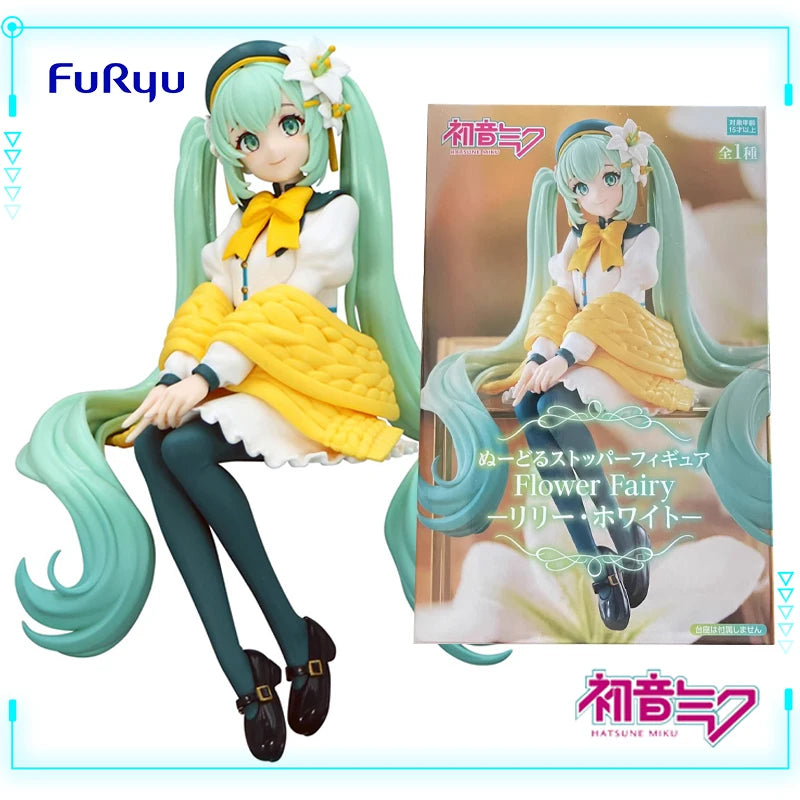 FuRyu Original Genuine Vocaloid Singer Hatsune Miku Flower Fairy Lily White Ver 14cm Noodle Stopper Model Toy Figures Xmas Gift