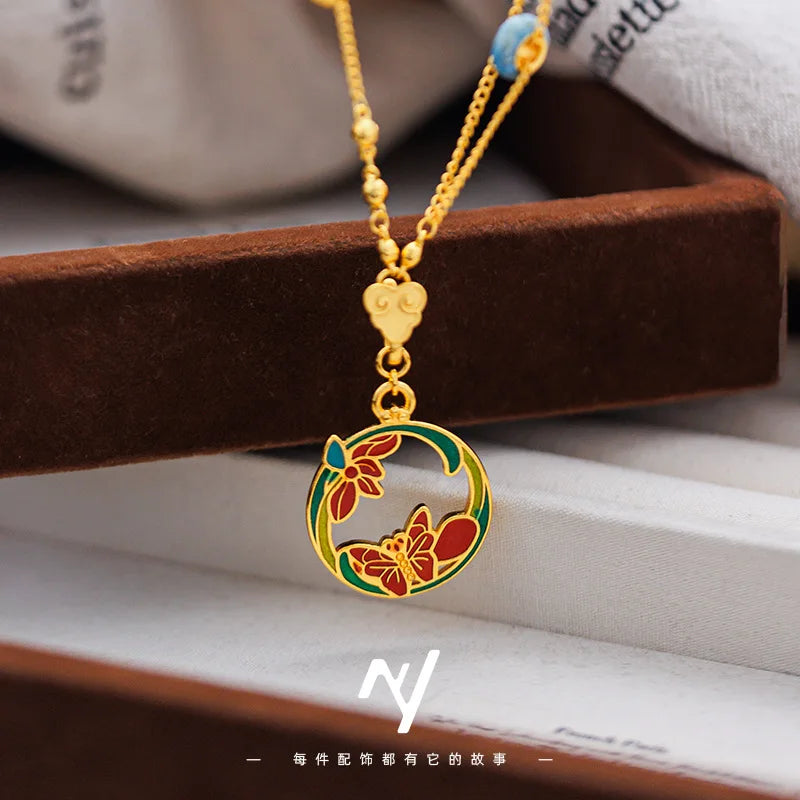 New Chinese Style 9999 24K Real Gold High Enamel Flowers Butterfly Pendant Necklace Design Orchid Butterfly Collarbone Chain