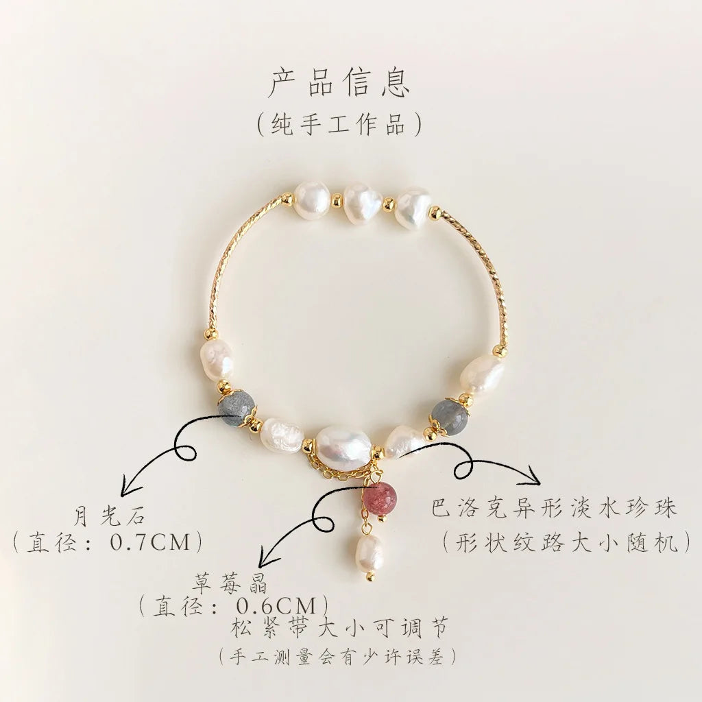 Handmade Natural Stone Freshwater Pearl Bead Chain Bracelet 18k Gold Plated Bangle Women Luxury Jewelry