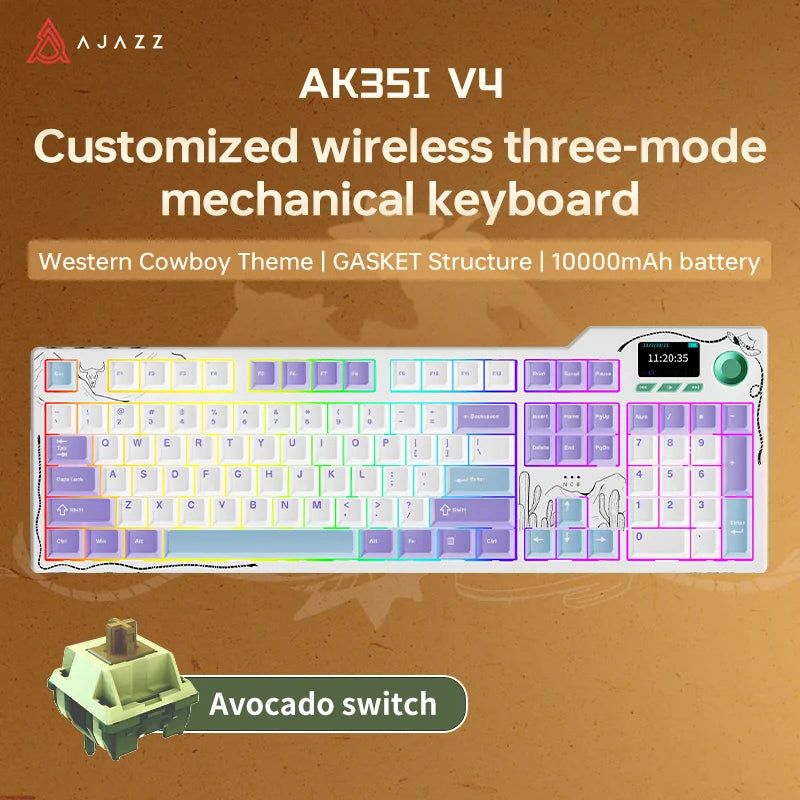НОВА Ajazz AK35I V3 MAX Трирежимна Жична Bluetooth Безжична Геймърска Клавиатура Уплътнение Пълен Ключ Hot Swap 104 Ключа Персонализирана Клавиатура