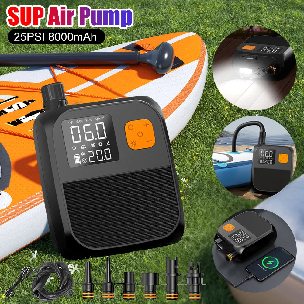 Electric SUP Air Pump 25PSI Inflation Paddle Board Pump Portable Rechargeable Pump for Tent Mattress Boat Kayak Accessories