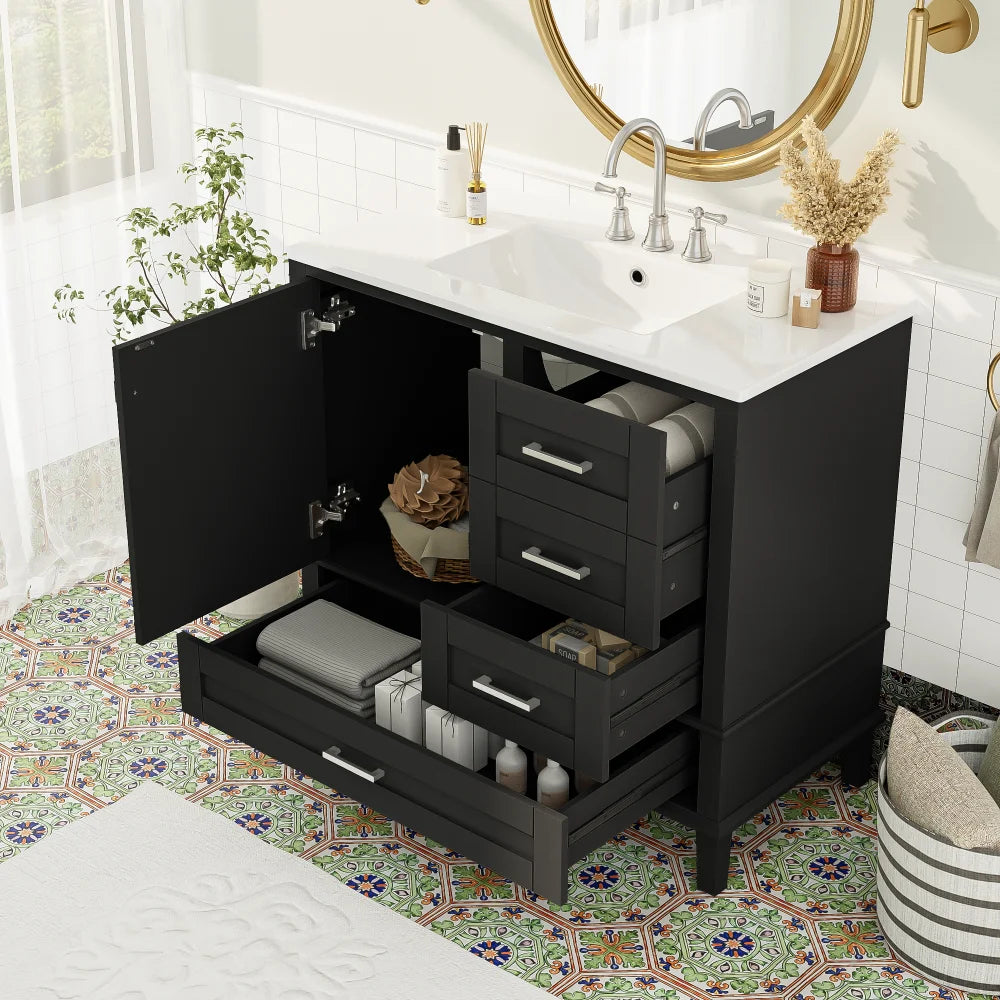 36" Black Bathroom Vanity with Solid Pine Frame, 1 Soft Close Door and 3 Drawers , Modern Storage Cabinet