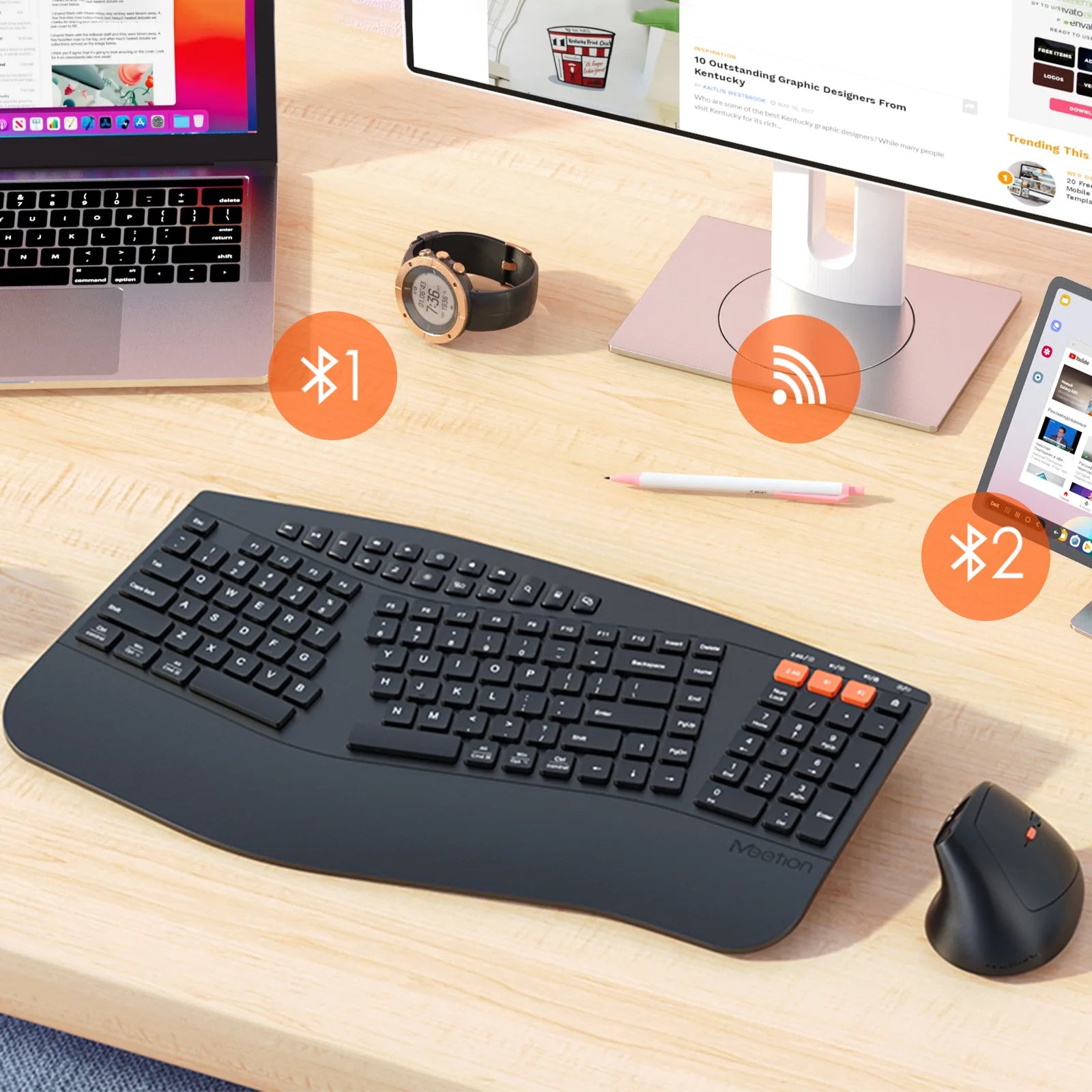 Ergonomische kabellose Tastatur-Maus-Kombination mit Handballenauflage, 2,4-G-Bluetooth-Dualmodus, leisem Klicken, Multimedia-Tasten für Büro/Zuhause