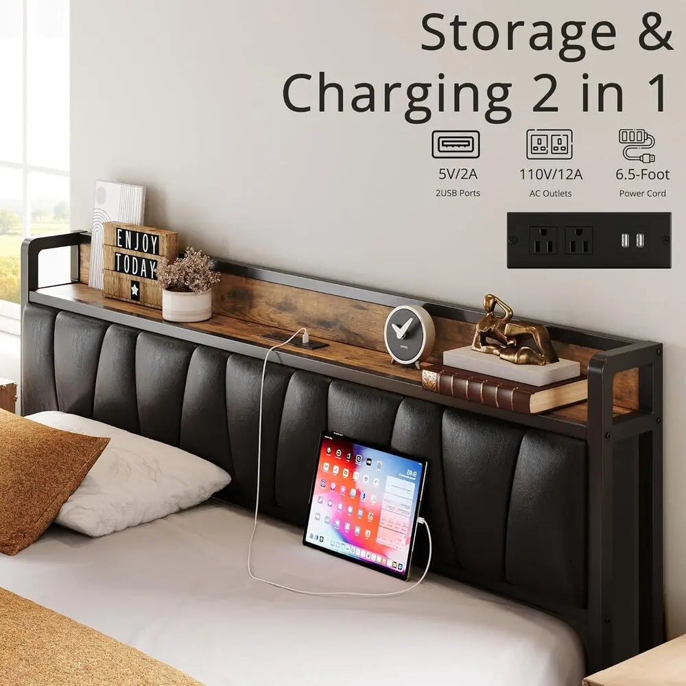 LIKIMIO Twin/Full/Full XL/Queen/Twin XL/California King Bed Frame, Storage Headboard with Charging Station, Easy Assembly