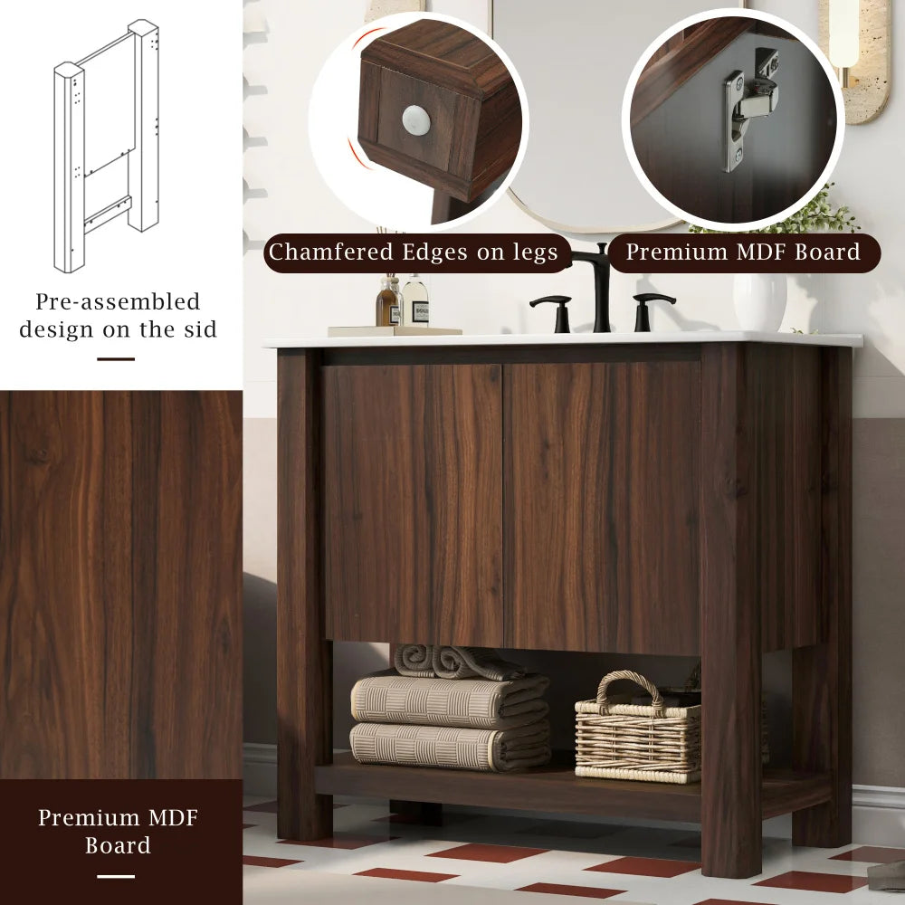 36" Modern Bathroom Vanity with Rectangle Ceramic Sink, Bathroom Cabinet with Large storage space and 45 Degrees Free-Handle