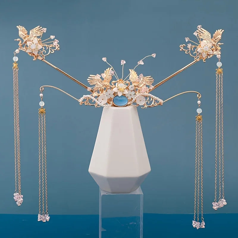 Pearl Crystal Hairpin Headband For Women Bride Chinese Style Hanfu Wedding Bridal Hair Accessories Jewelry Hairpin Headband Gift