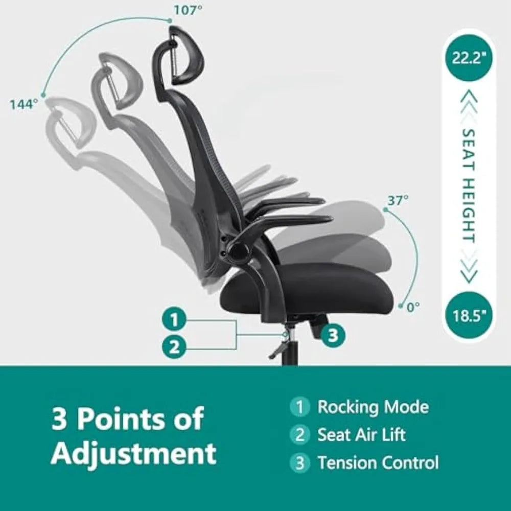 Ergonomischer Schreibtischstuhl mit Lendenwirbelstütze und Netzgewebe, verstellbarer Gaming-Computerstuhl mit Rädern, Kopfstützen und hochklappbaren Armlehnen
