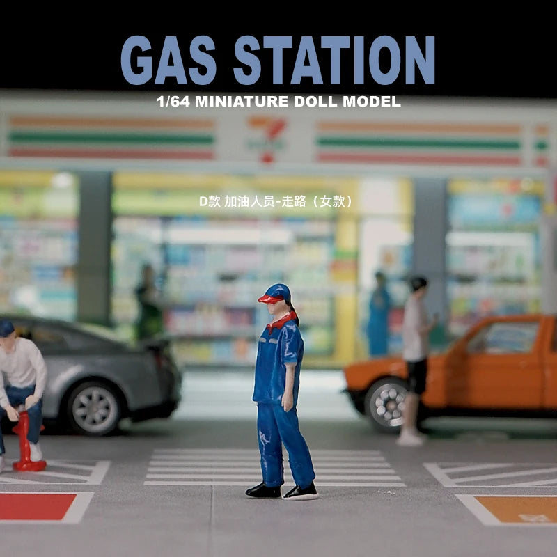 Kicarmod 1/64 Scale Model Gas Station Employee Figurine Collectible Doll Exquisite Figure for Fans in Scale Diecast Model Car