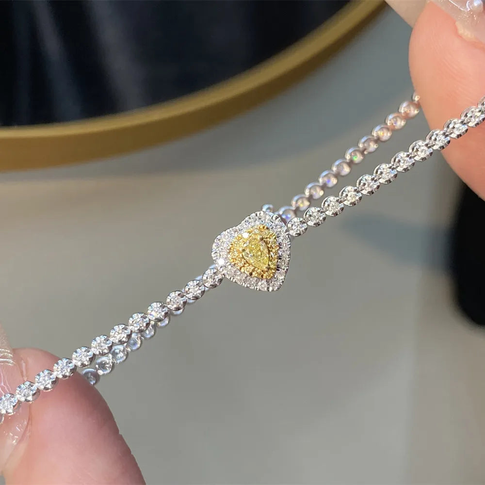 Shelly Echt 18 Karat Weißgold Au750 Schmuck Liebesherz-Design Natürliche gelbe Diamanten Tennis-Charm-Armbänder für Frauen Geschenk
