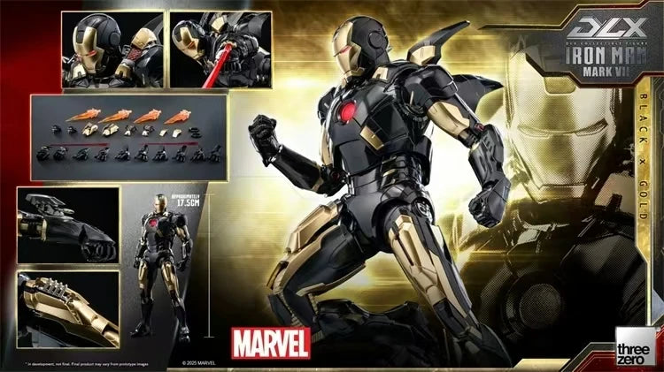 Original Threezero Marvel DLX Iron Man Mark 7 Black Gold Anime Figure Toy Collection Model