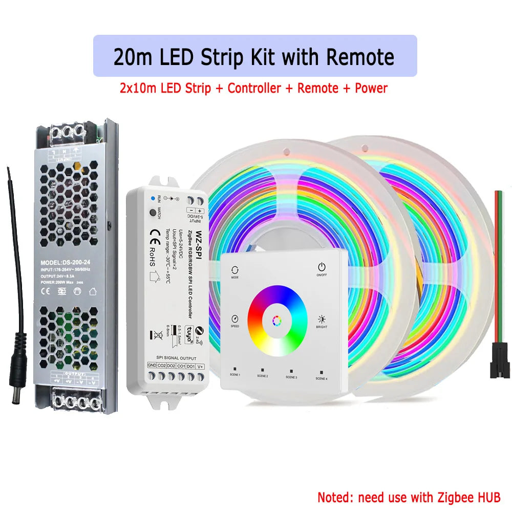 10m 20m Tuya Zigbee COB RGBIC LED Strip 24V Dream Color Addressable IC Light 2.4G Remote for Alexa Google Assistant SmartThings