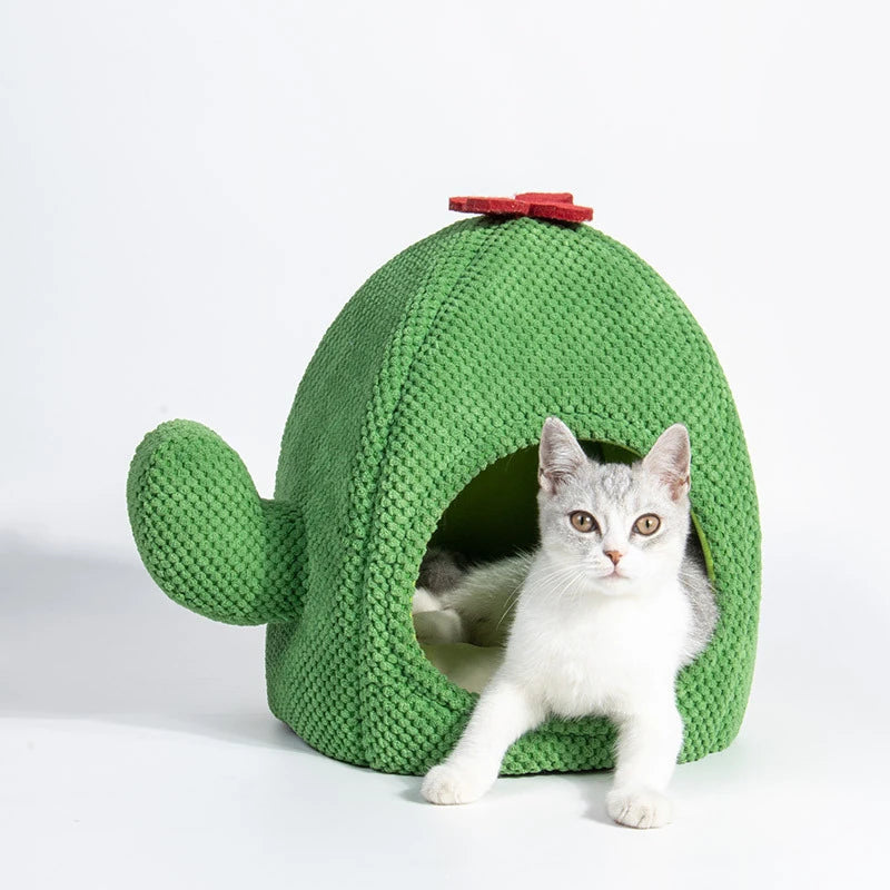 Creative Cactus Shaped Cat House Pet Bed Warm Green Cat Cave Dog Kitten Basket Autumn and Winter Pet Furniture Cat Accessories