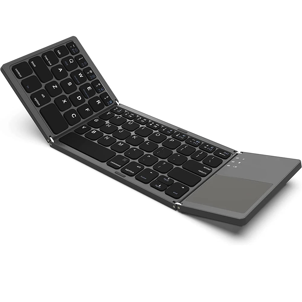 Neue tragbare Mini-Bluetooth-Tastatur mit dreifachem Klappmechanismus, kabellos, faltbar, Touchpad-Tastatur für iOS, Android, Windows, iPad, Tablet