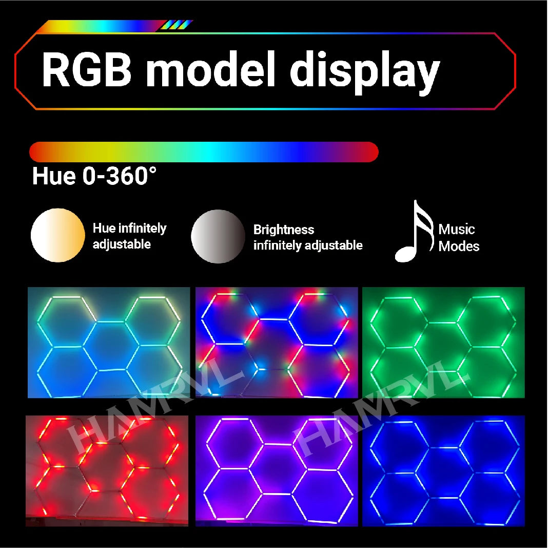 RGB Hexagon LED Lighting Colorful Change Dimming Deco Light for Car Garage Gym Party Club Stage Gaming Sound pickup Wall Ceiling