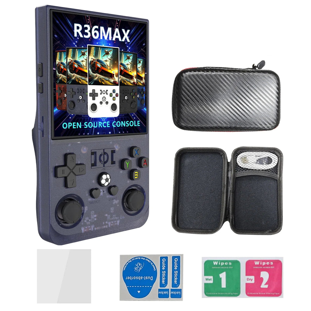 Handheld gaming console with carrying case, wipes, and cleaning kit on a white background