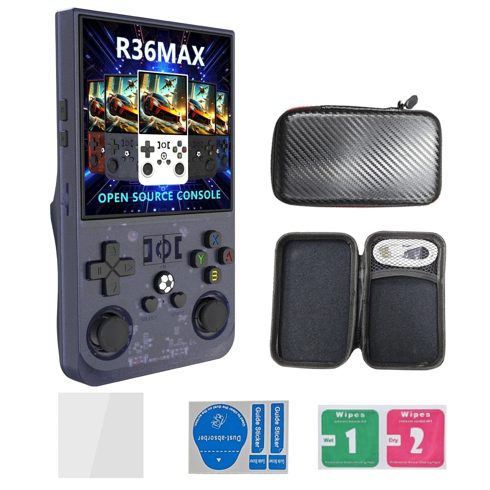 Handheld gaming console with carrying case, wipes, and cleaning kit on a white background