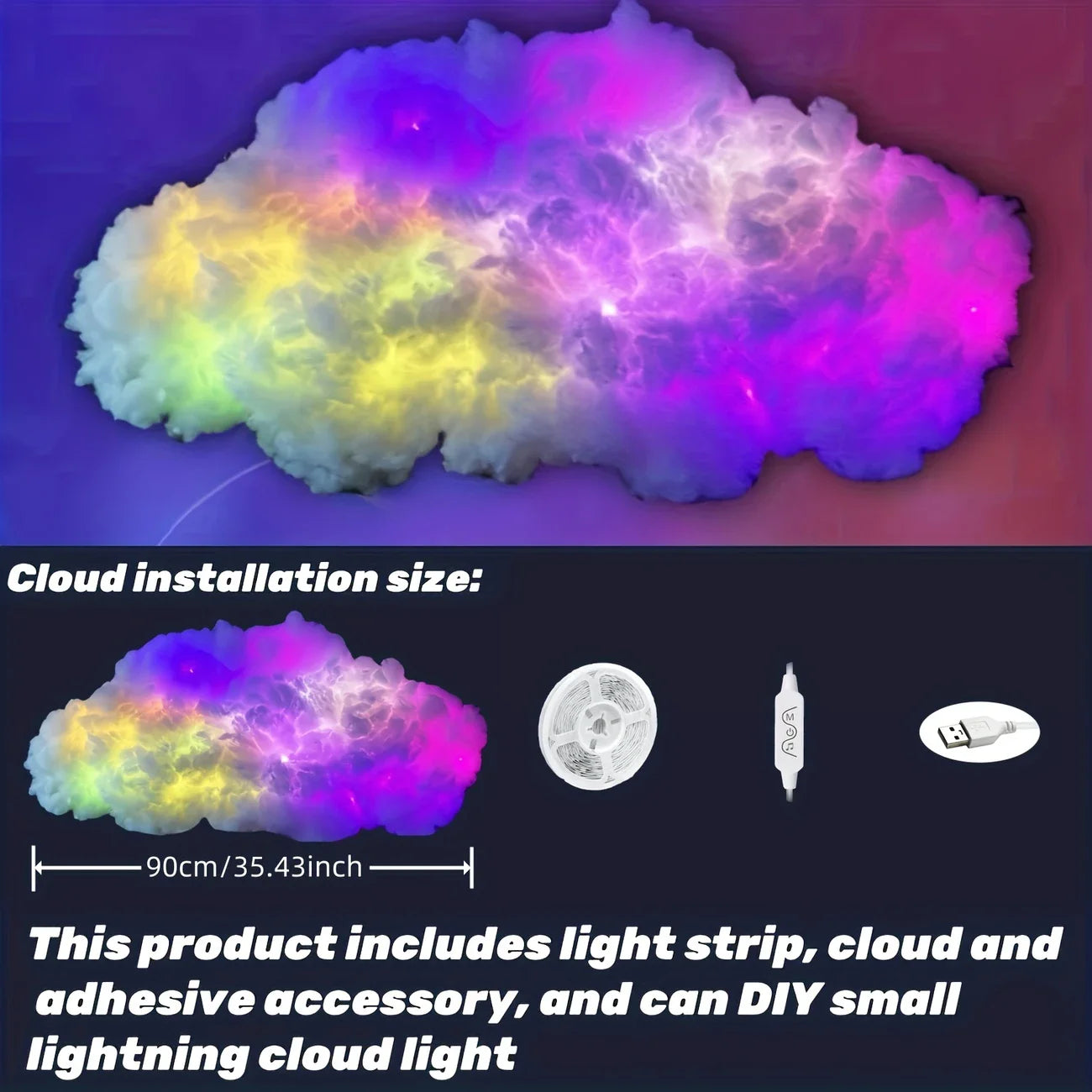 3D Thunder Cloud Led Night Light Usb Powered Led Cloud Ceiling Kit With Cotton Clouds Child Gaming Room Decoration 1M Rgb Strip