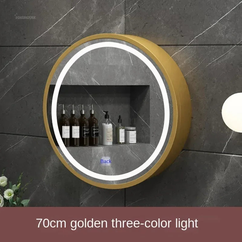 Nordic LED Smart Bathroom Mirror Cabinets Solid Wood Oval Bathroom Wall Hanging Round Vanity Mirrors with Storage Shelf b