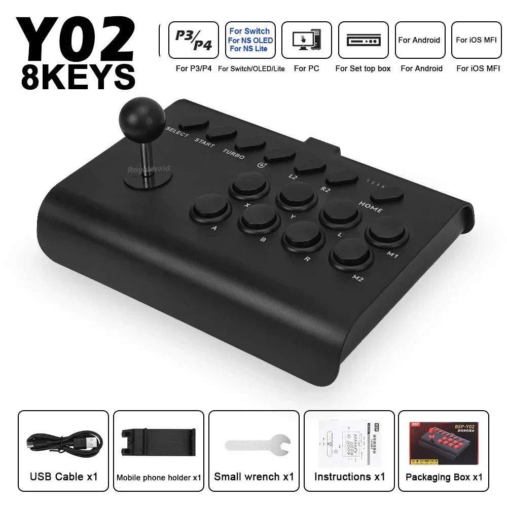 Y02 Arcade-Joystick für PS4/PS3/Xbox One/Switch OLED/Android/iOS, kabelgebundener und kabelloser Street Fighter-Controller mit Makro-/Turbo-Funktion
