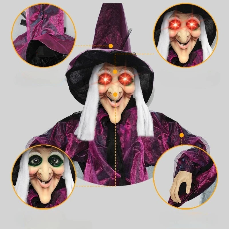 Halloween Life Size Talking Witch Outdoor Purple Spooky Animatronic Witch Decor Prop Halloween Decoration Red Eye Animated Witch