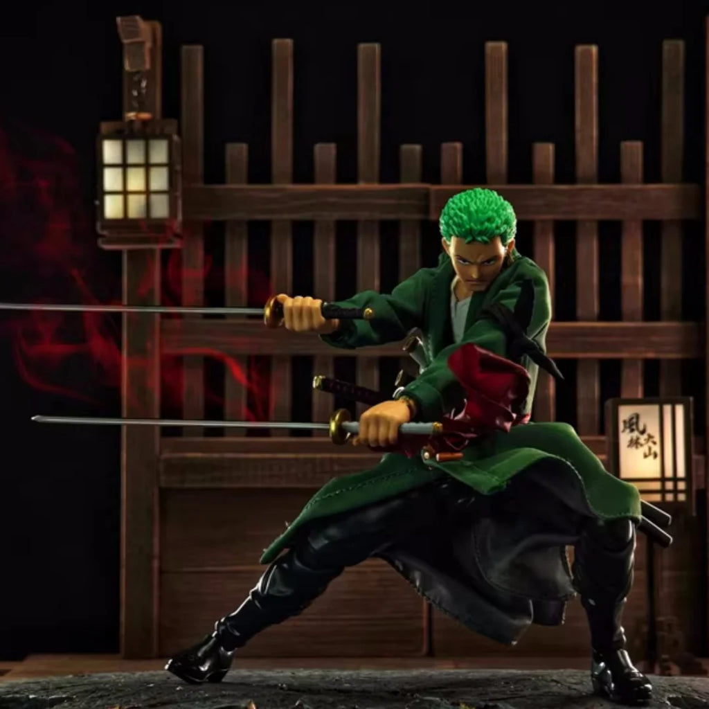 One Piece SHF Anime Handmade Zoro Tailored 4-piece set of clothes Sleeved Cloak Built In Iron Wire Is Suitable for 1/12 Toys