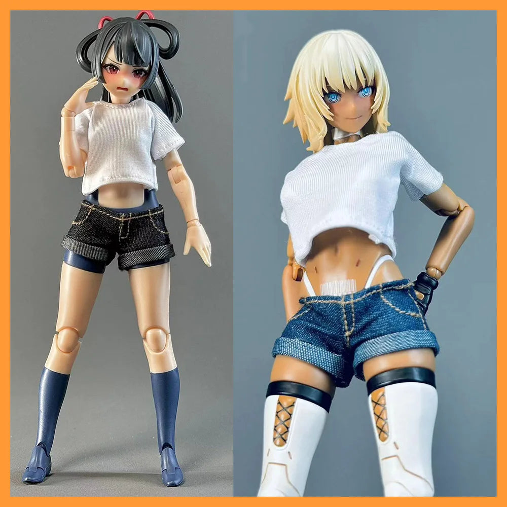 1/12 Мащабна женска войнишка, ежедневна широка бяла тениска, мини горещи шорти, къдрави къси панталони за 6" OB BJD екшън фигурка, модел на тяло