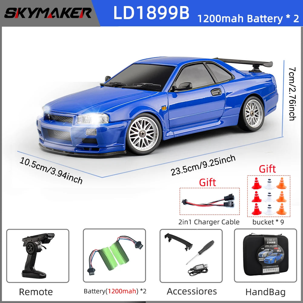 Skymaker LDRC 1/18 RC Drift Car LD1899 GTR-Modus R34 2,4 GHz RWD mit Gyroskop On-Road-Legierung Karosserie Rennwagen für Jungen Geschenke